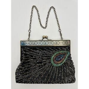 Vintage Beaded Sequin Black Peacock Clutch Handbag Wedding Cocktail Party